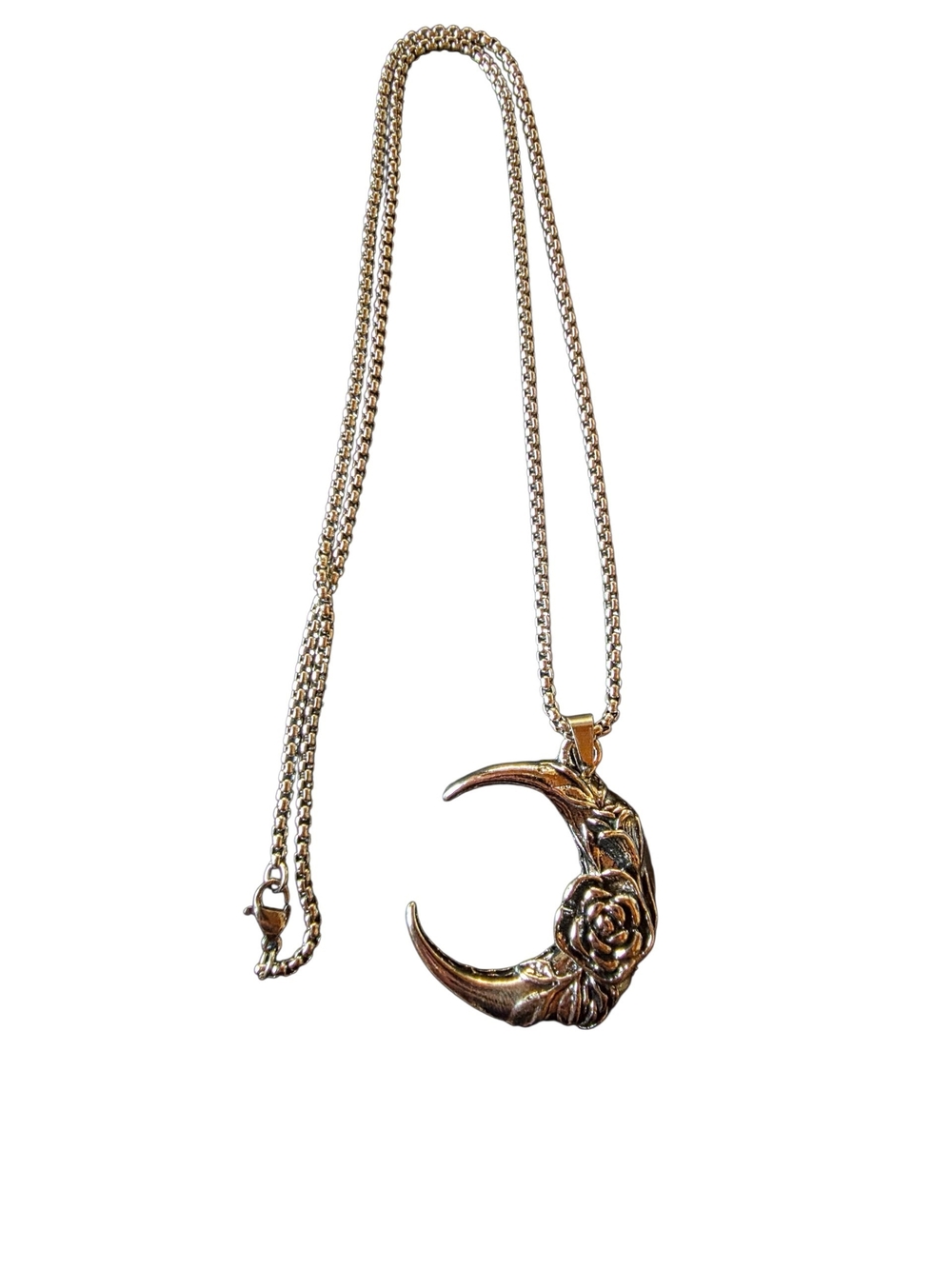 New Stainless Steel Crescent Moon Rose Pendant Necklace - Picture 2 of 7